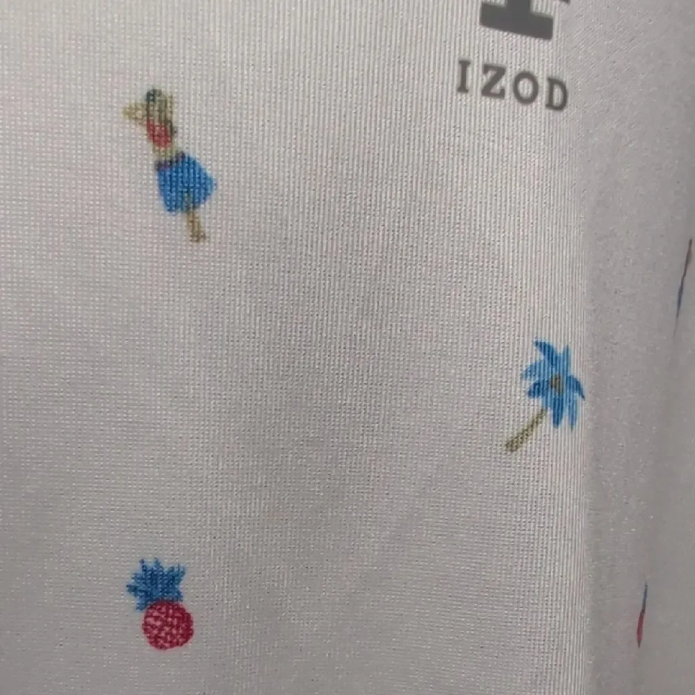 Izod White Polo Hula Girls Pineapples Palm Trees Reds/Blues Silky Sheen Size L